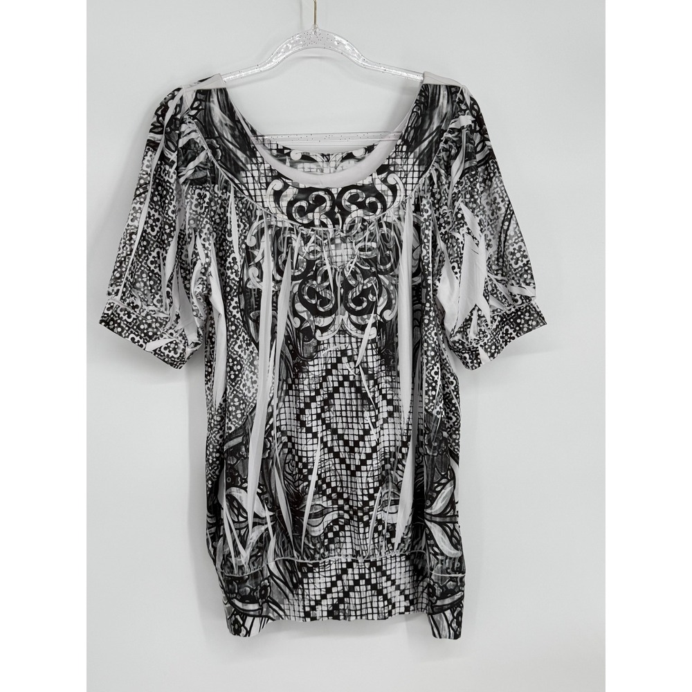 NY Collection Womens Sz XL Black White Damask Geometric Scoop Neck Top
